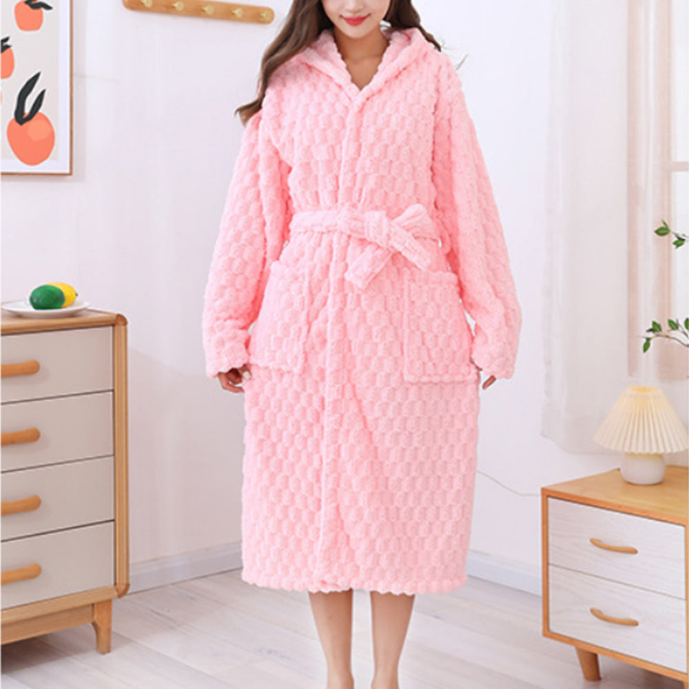 Towelling Wrap Bathrobe Thickened Coral Fleece Dressing Gown Robe Cherry