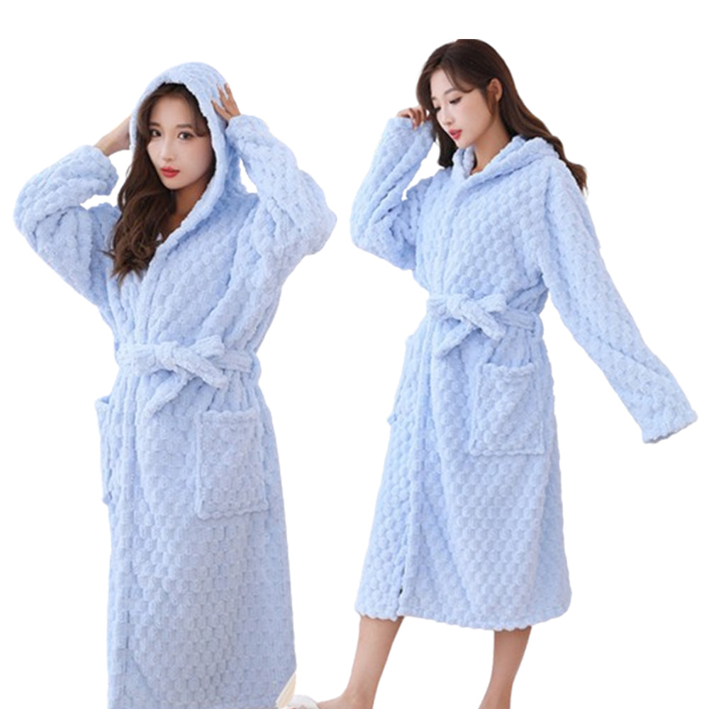 Towelling Wrap Bathrobe Thickened Coral Fleece Dressing Gown Robe Light Blue