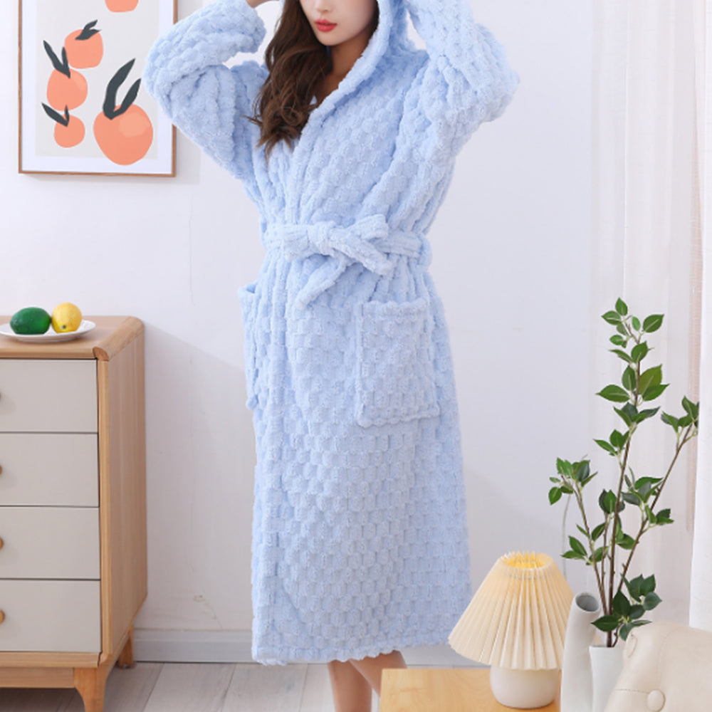 Towelling Wrap Bathrobe Thickened Coral Fleece Dressing Gown Robe Light Blue