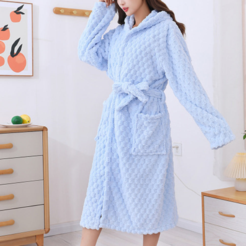Towelling Wrap Bathrobe Thickened Coral Fleece Dressing Gown Robe Light Blue