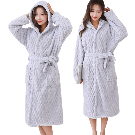 Towelling Wrap Bathrobe Thickened Coral Fleece Dressing Gown Robe Light Grey