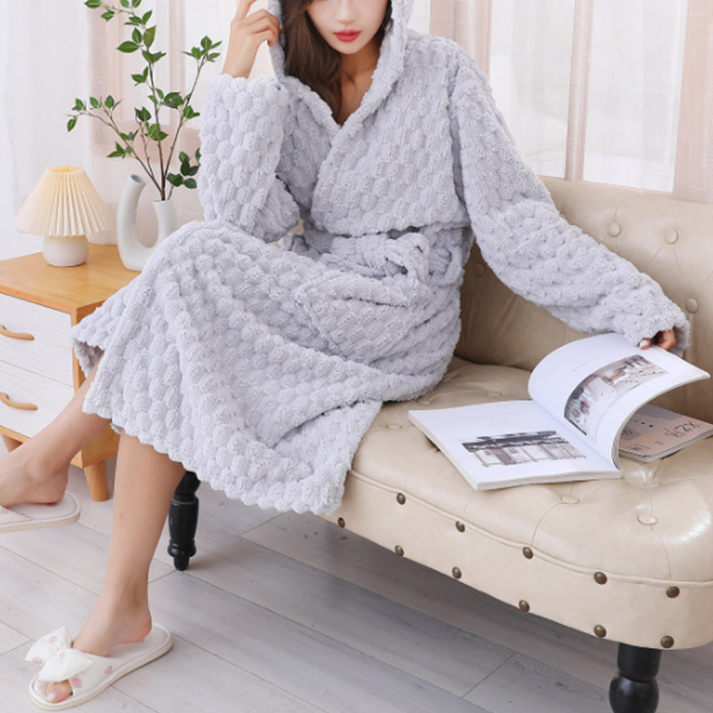 Towelling Wrap Bathrobe Thickened Coral Fleece Dressing Gown Robe Light Grey