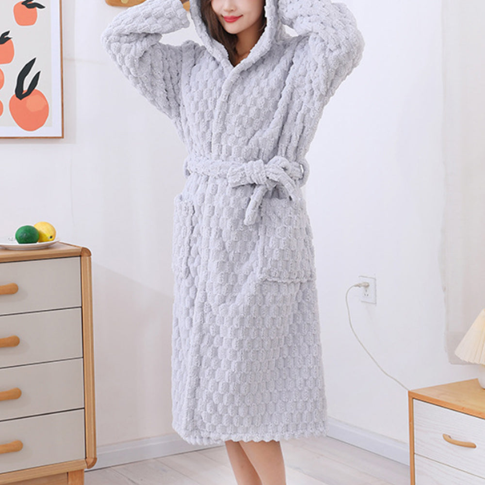 Towelling Wrap Bathrobe Thickened Coral Fleece Dressing Gown Robe Light Grey