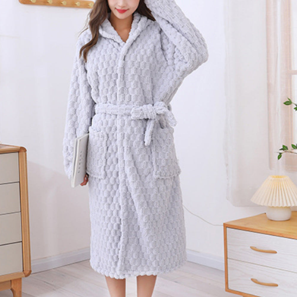 Towelling Wrap Bathrobe Thickened Coral Fleece Dressing Gown Robe Light Grey