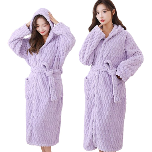Towelling Wrap Bathrobe Thickened Coral Fleece Dressing Gown Robe Light Purple