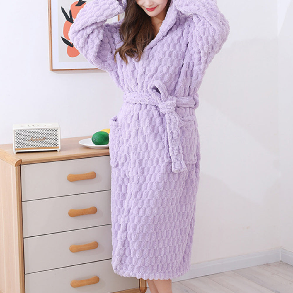 Towelling Wrap Bathrobe Thickened Coral Fleece Dressing Gown Robe Light Purple