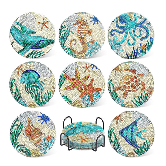 8Pcs Diamond Painting DIY Coasters Cup Mat with Holder Ocean Pattern