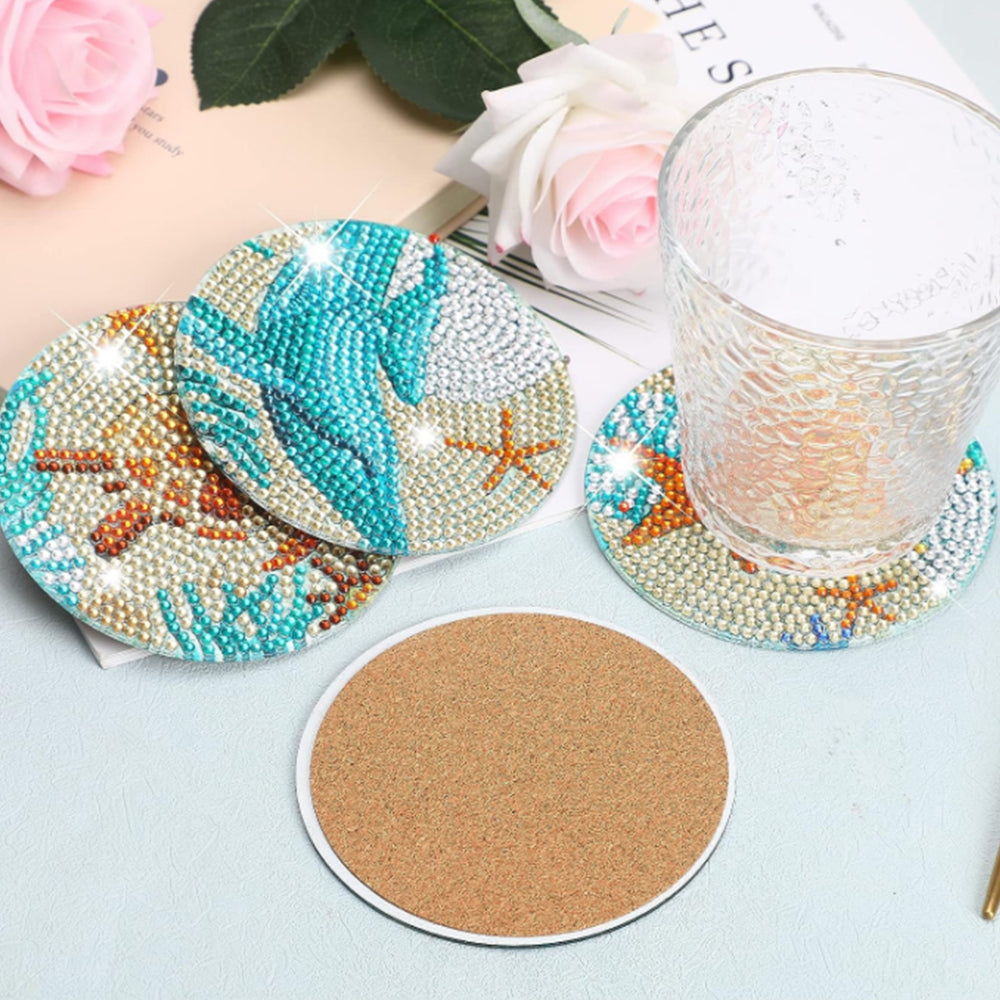 8Pcs Diamond Painting DIY Coasters Cup Mat with Holder Ocean Pattern