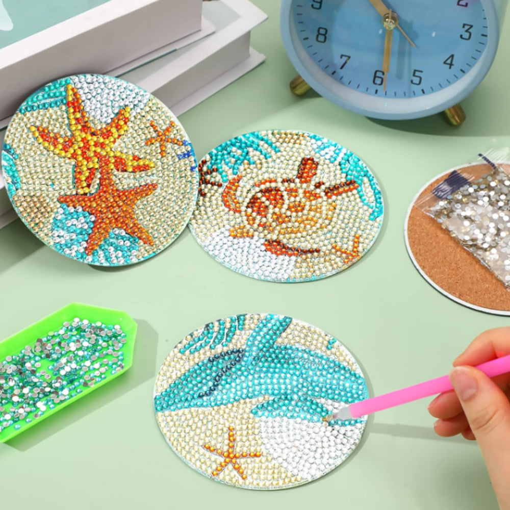 8Pcs Diamond Painting DIY Coasters Cup Mat with Holder Ocean Pattern