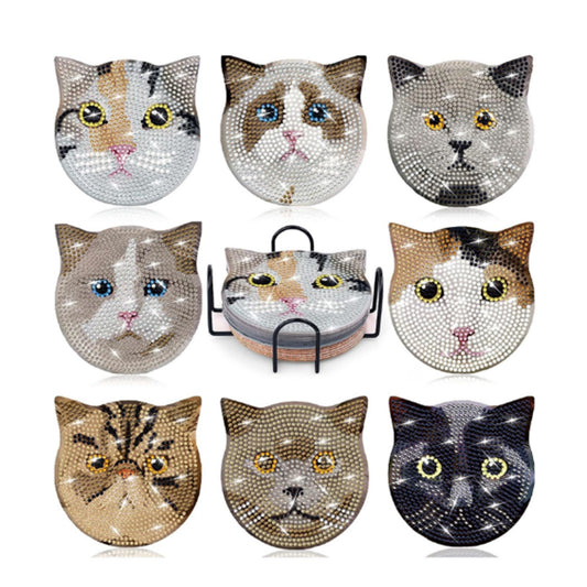 8Pcs Diamond Painting DIY Coasters Cup Mat with Holder Cat Pattern