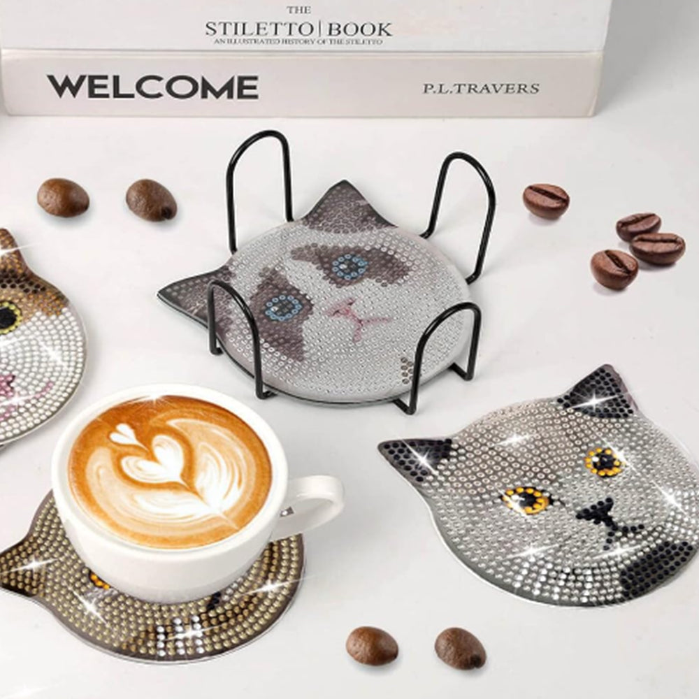 8Pcs Diamond Painting DIY Coasters Cup Mat with Holder Cat Pattern