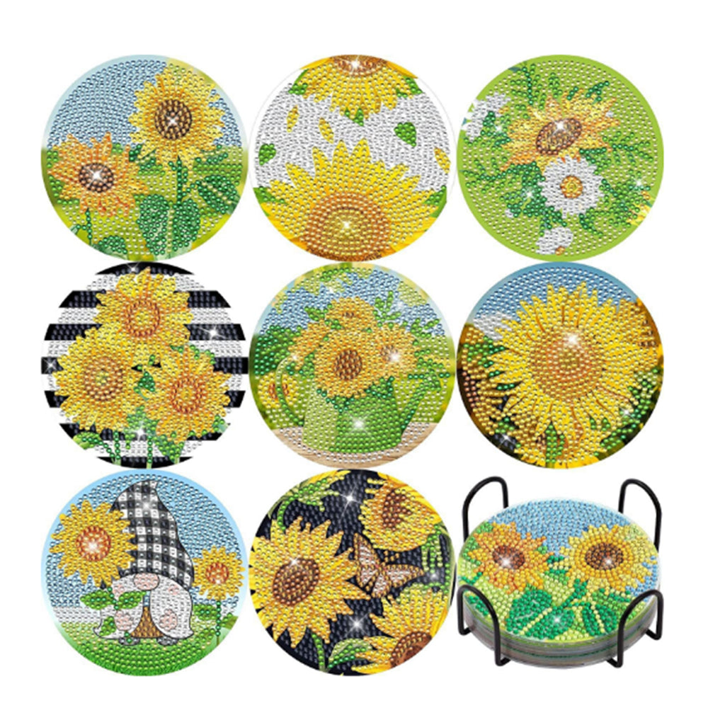 8Pcs Diamond Painting DIY Coasters Cup Mat with Holder Sunflower Pattern