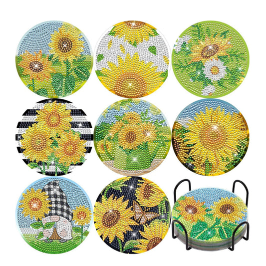 8Pcs Diamond Painting DIY Coasters Cup Mat with Holder Sunflower Pattern