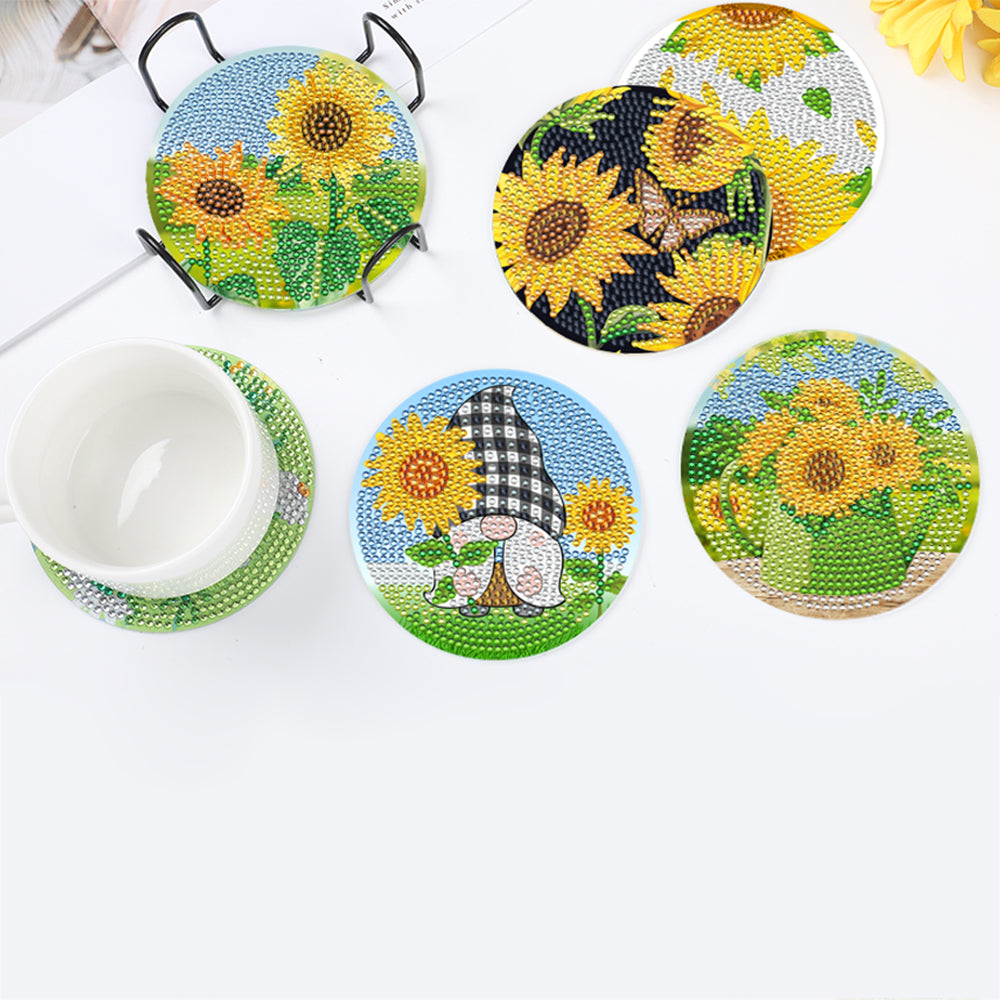 8Pcs Diamond Painting DIY Coasters Cup Mat with Holder Sunflower Pattern