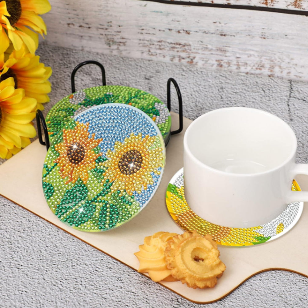8Pcs Diamond Painting DIY Coasters Cup Mat with Holder Sunflower Pattern