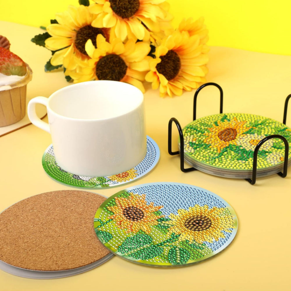 8Pcs Diamond Painting DIY Coasters Cup Mat with Holder Sunflower Pattern