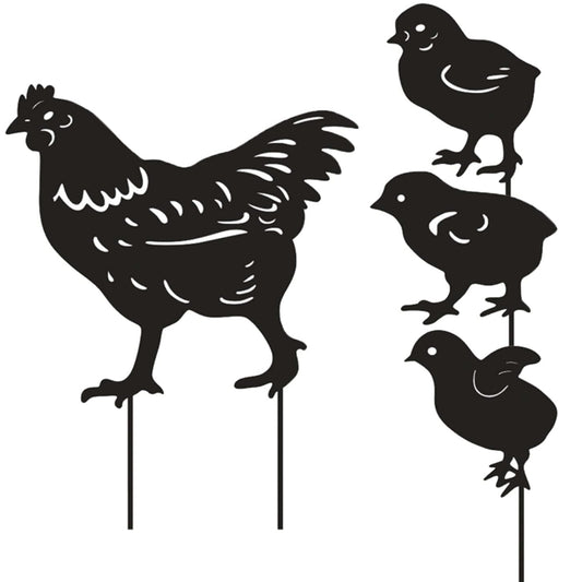 4Pcs Garden Decorative Statues Metal Hen and Chicks Silhouette Stake Yard Decor