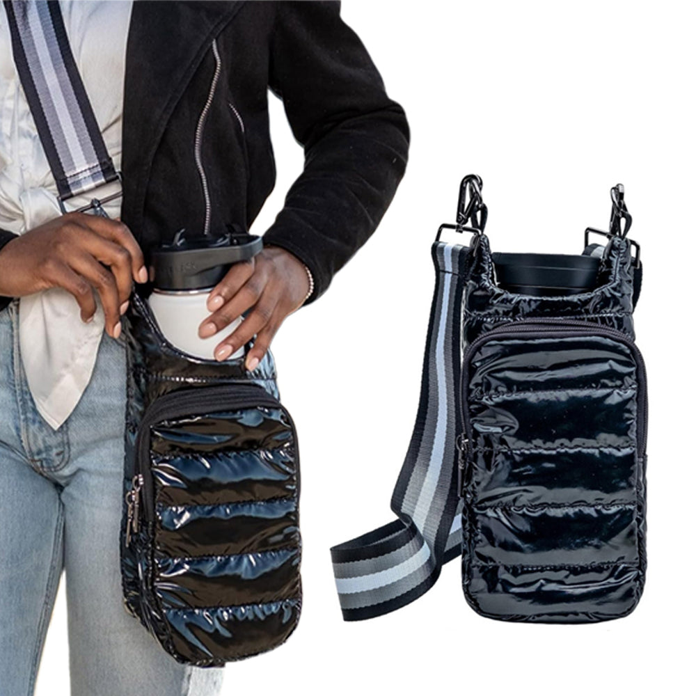 Water Bottle Carrier Bag Adjustable Shoulder Strap Puff Tote Pouch Black