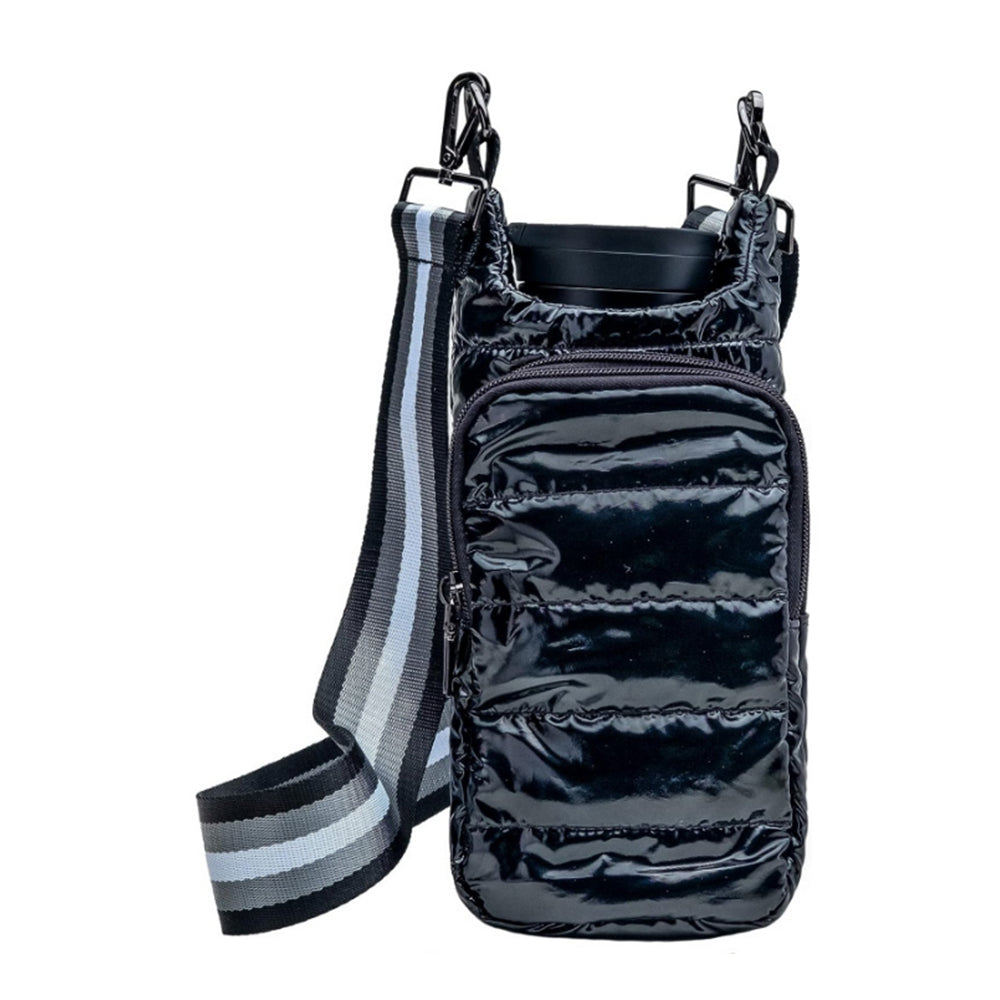 Water Bottle Carrier Bag Adjustable Shoulder Strap Puff Tote Pouch Black
