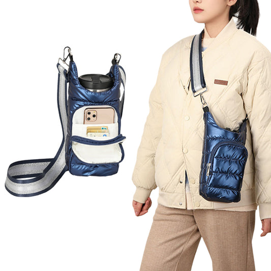 Water Bottle Carrier Bag Adjustable Shoulder Strap Puff Tote Pouch Dark Blue