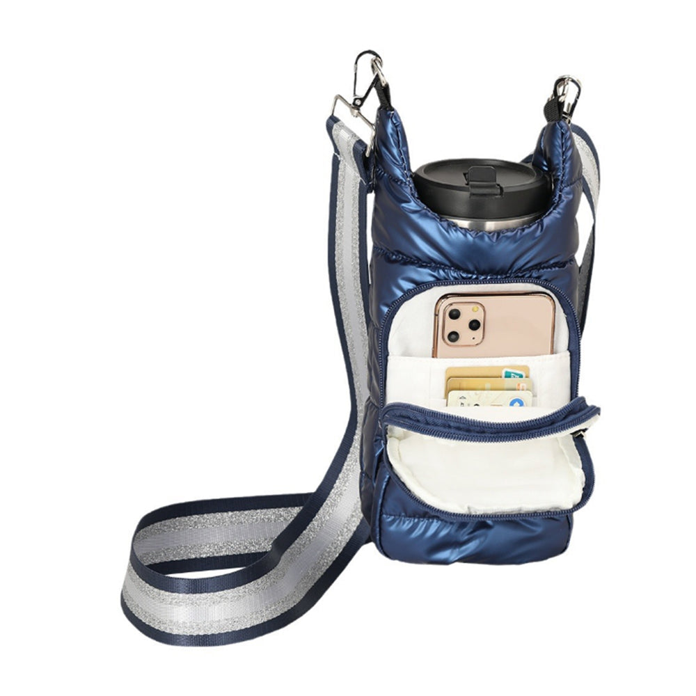 Water Bottle Carrier Bag Adjustable Shoulder Strap Puff Tote Pouch Dark Blue