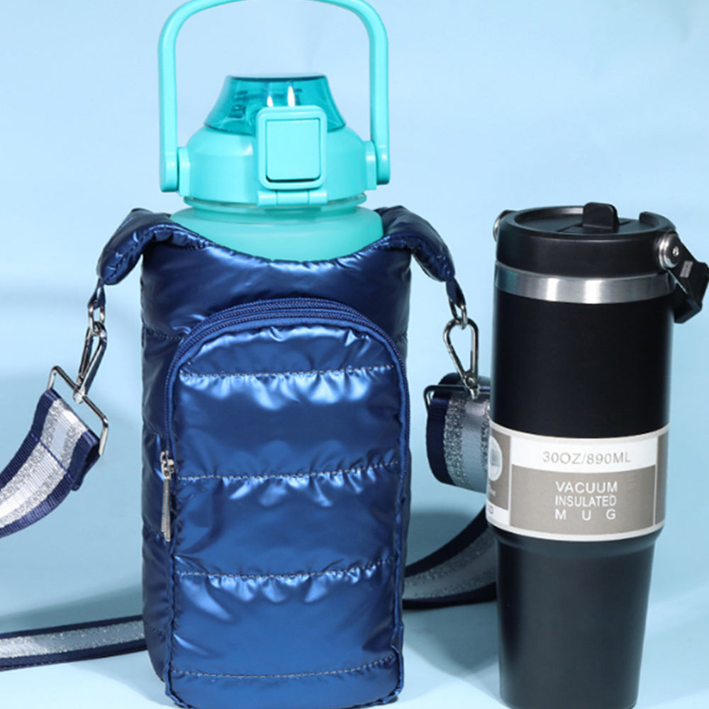 Water Bottle Carrier Bag Adjustable Shoulder Strap Puff Tote Pouch Dark Blue