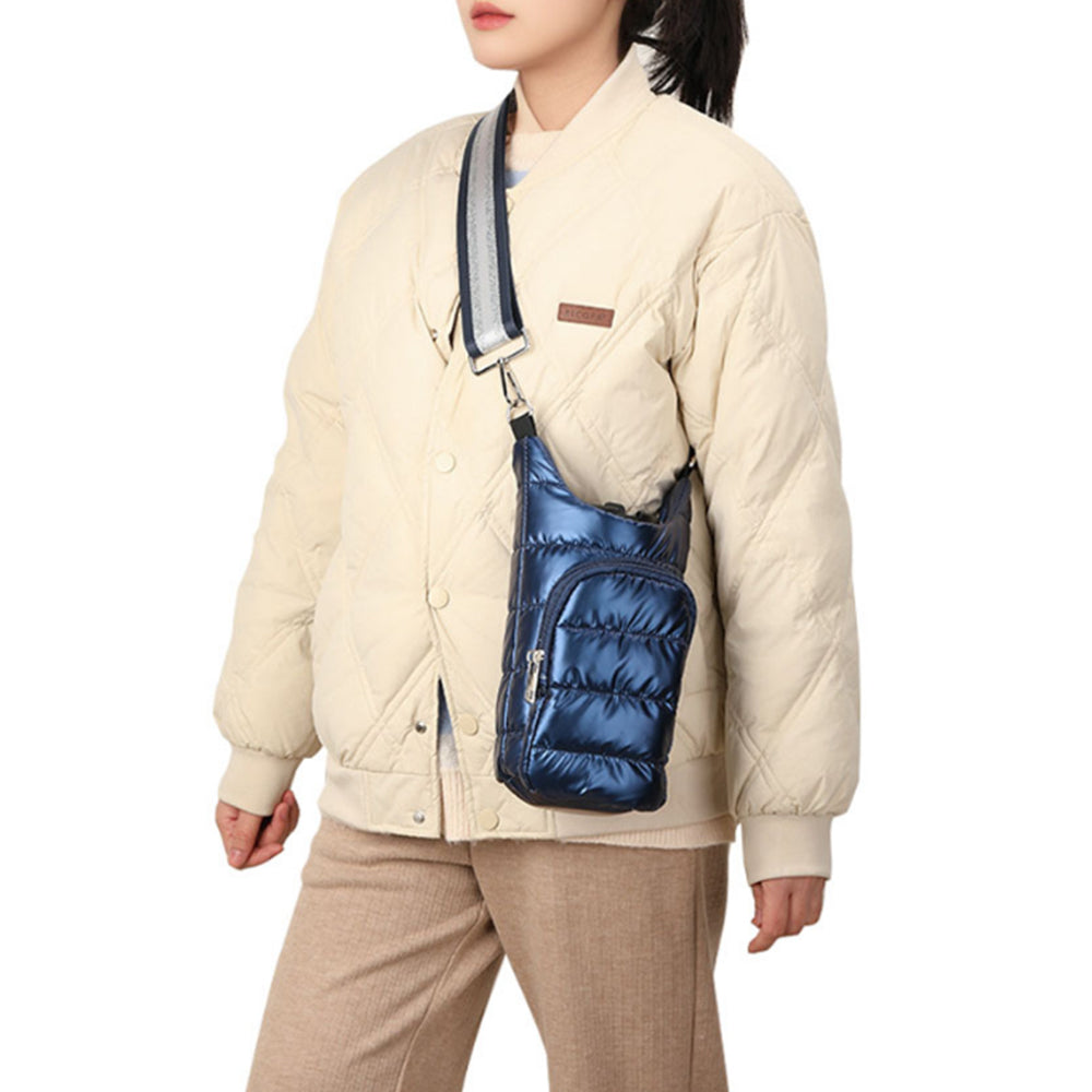 Water Bottle Carrier Bag Adjustable Shoulder Strap Puff Tote Pouch Dark Blue