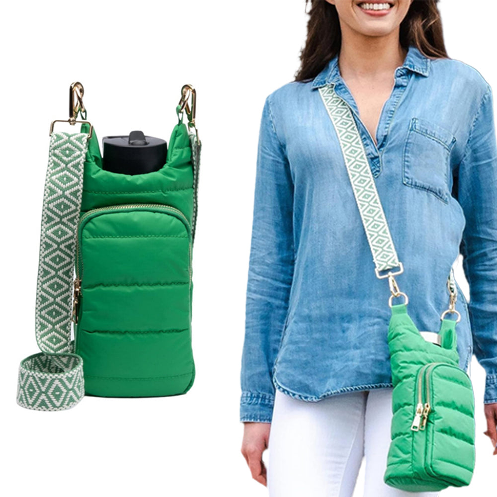 Water Bottle Carrier Bag Adjustable Shoulder Strap Puff Tote Pouch Green