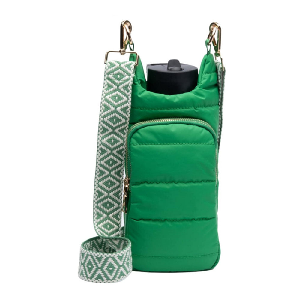 Water Bottle Carrier Bag Adjustable Shoulder Strap Puff Tote Pouch Green