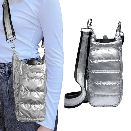 Water Bottle Carrier Bag Adjustable Shoulder Strap Puff Tote Pouch Silver
