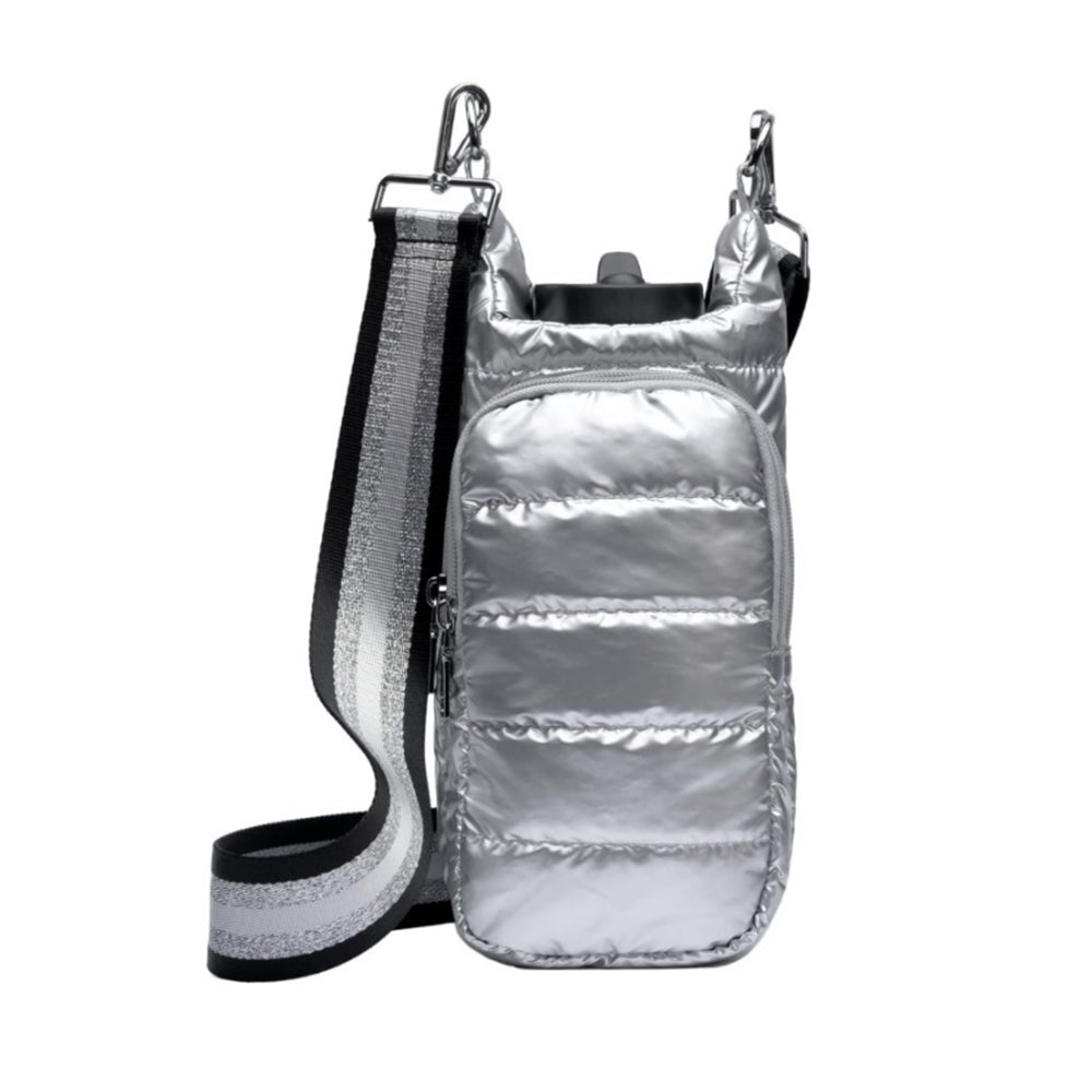 Water Bottle Carrier Bag Adjustable Shoulder Strap Puff Tote Pouch Silver