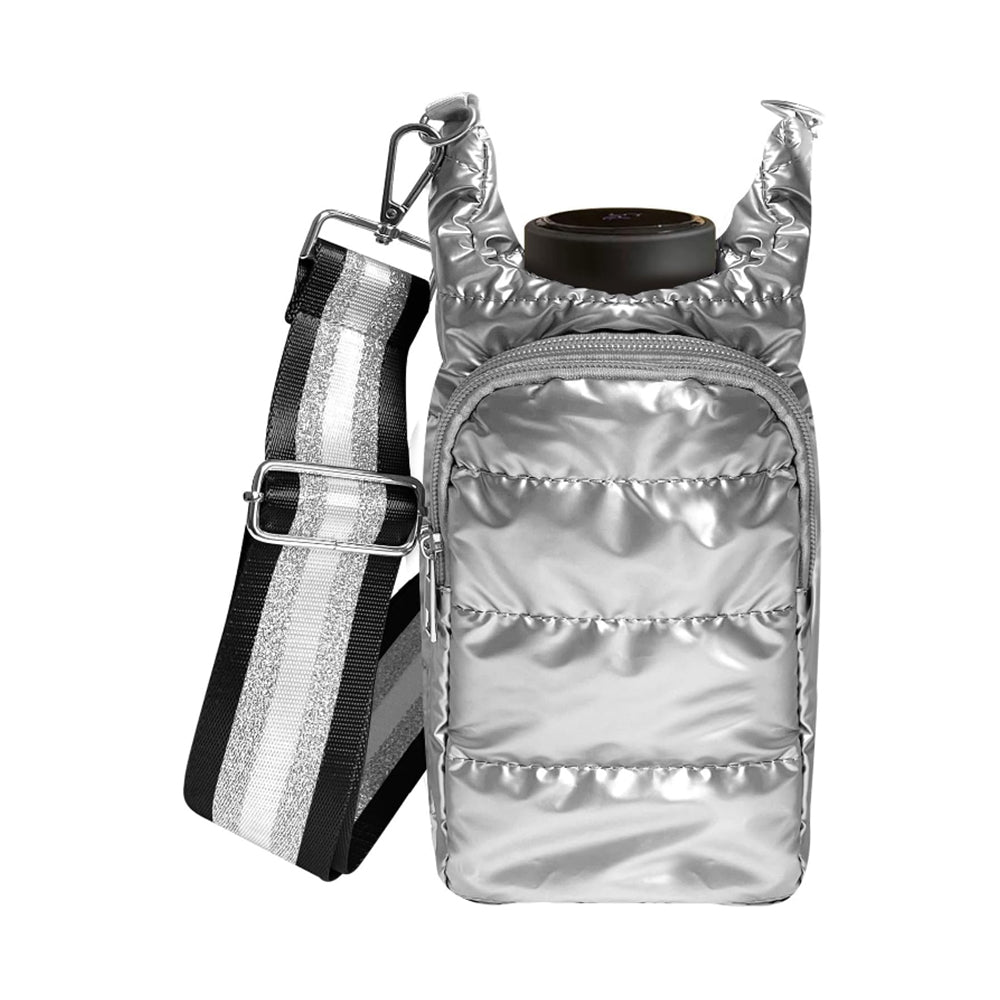 Water Bottle Carrier Bag Adjustable Shoulder Strap Puff Tote Pouch Silver
