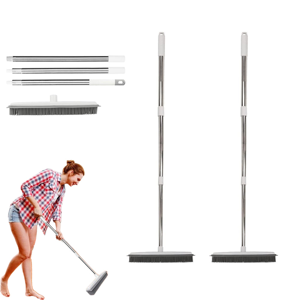 2Pcs Hair Removal Rubber Broom Built with Squeegee Floor Scrub Brush
