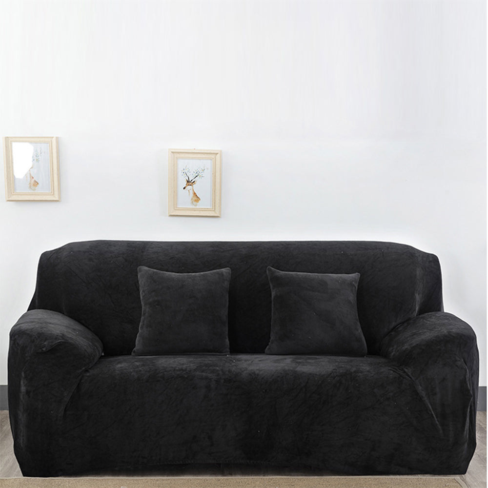 Plush Stretch Couch Sofa Cover Furniture Protector for Double-Seat Black