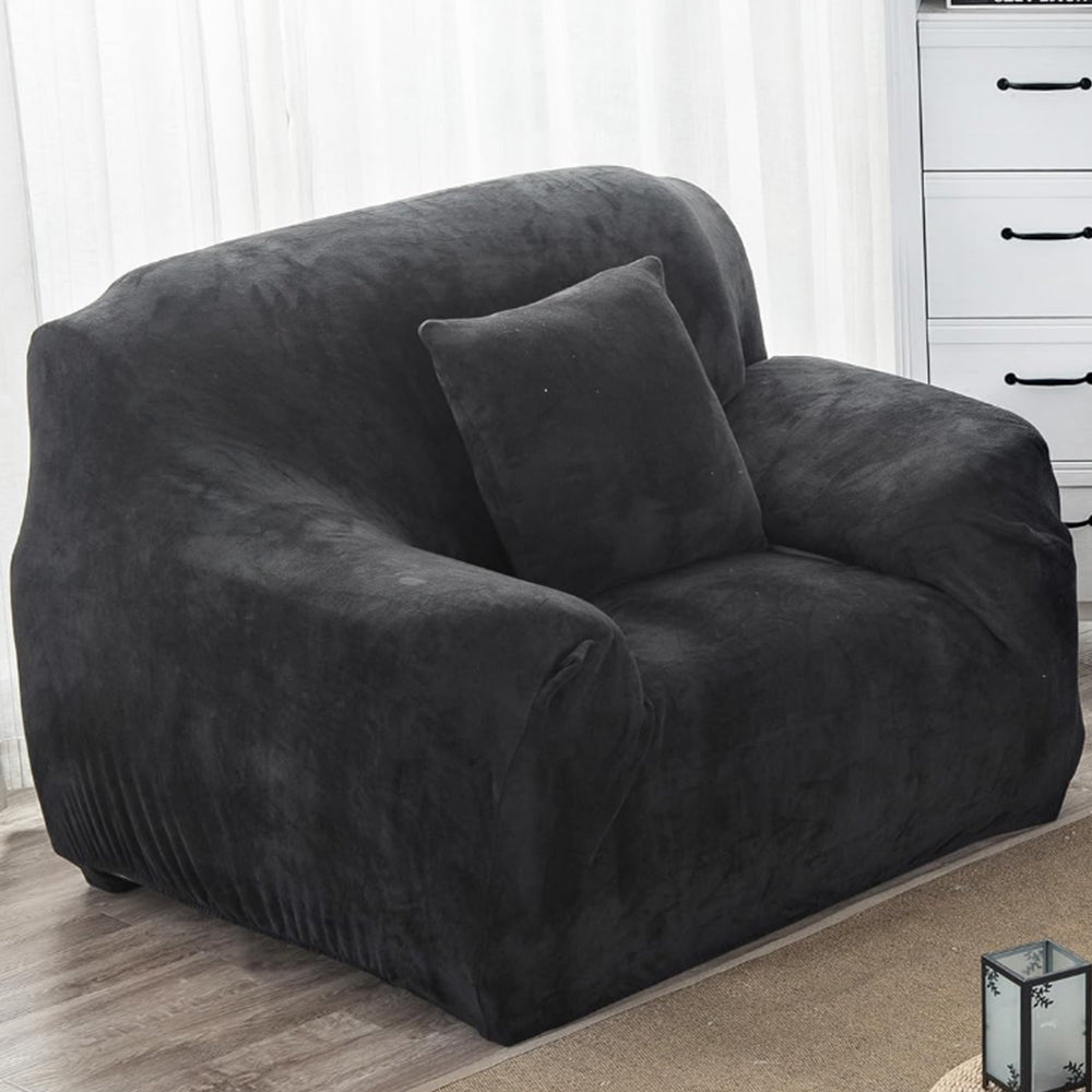 Plush Stretch Couch Sofa Cover Furniture Protector for Single-Seat Black