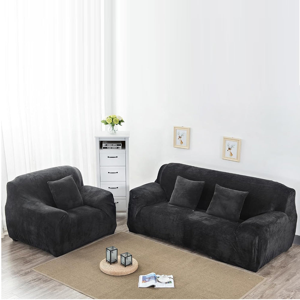 Plush Stretch Couch Sofa Cover Furniture Protector for Single-Seat Black