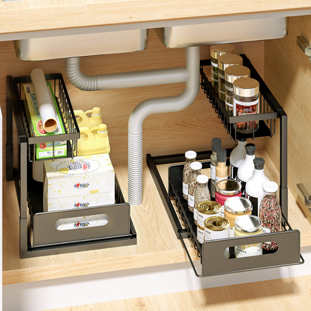 2Pcs 2-Tier Under Sink Organizer Storage Pull-out Sliding Drawer Basket Rack