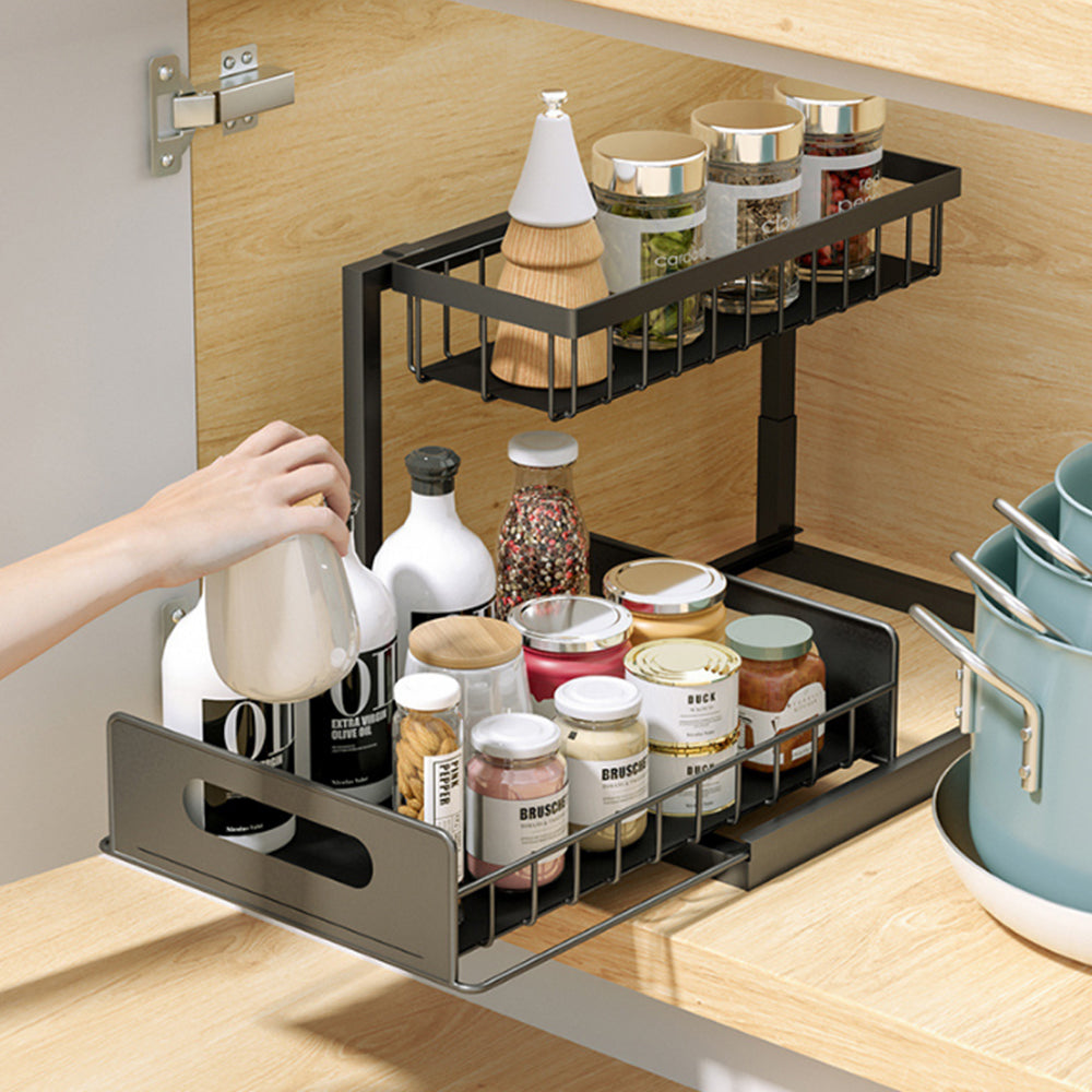 2Pcs 2-Tier Under Sink Organizer Storage Pull-out Sliding Drawer Basket Rack
