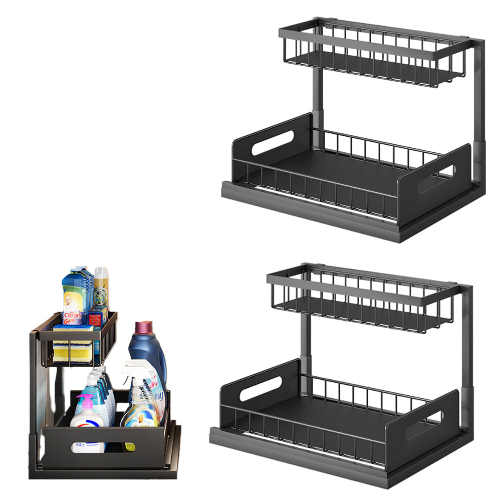 2Pcs 2-Tier Under Sink Organizer Storage Pull-out Sliding Drawer Basket Rack