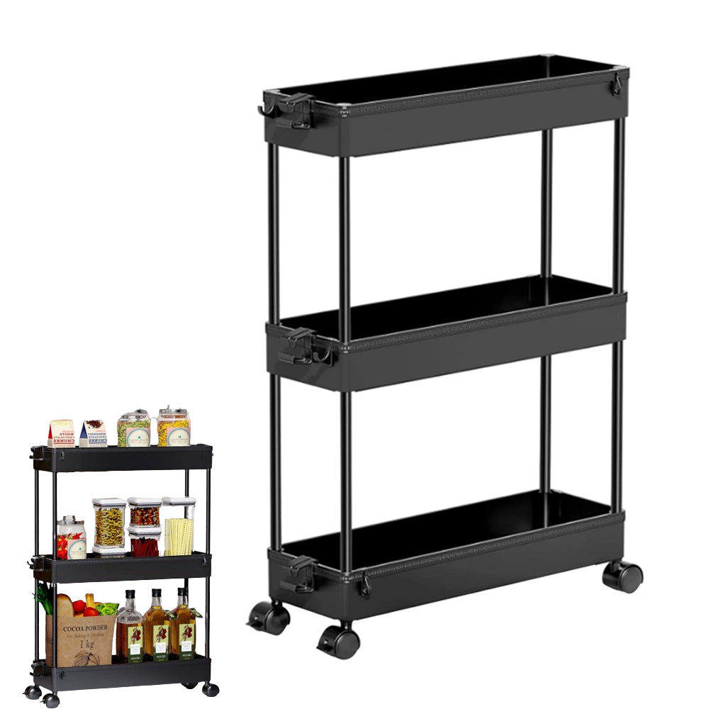 3-Tier Kitchen Trolley Rolling Cart Bathroom Mobile Storage Organizer Cart Black
