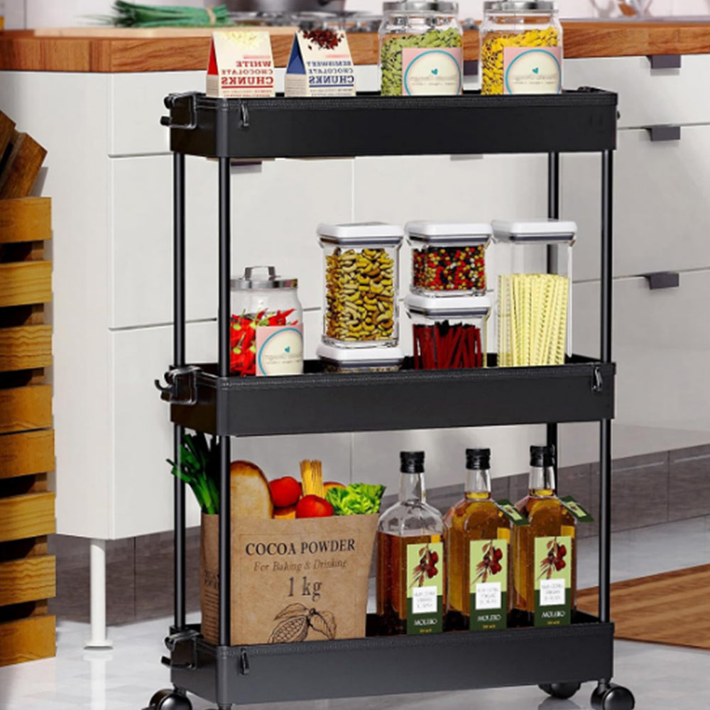 3-Tier Kitchen Trolley Rolling Cart Bathroom Mobile Storage Organizer Cart Black
