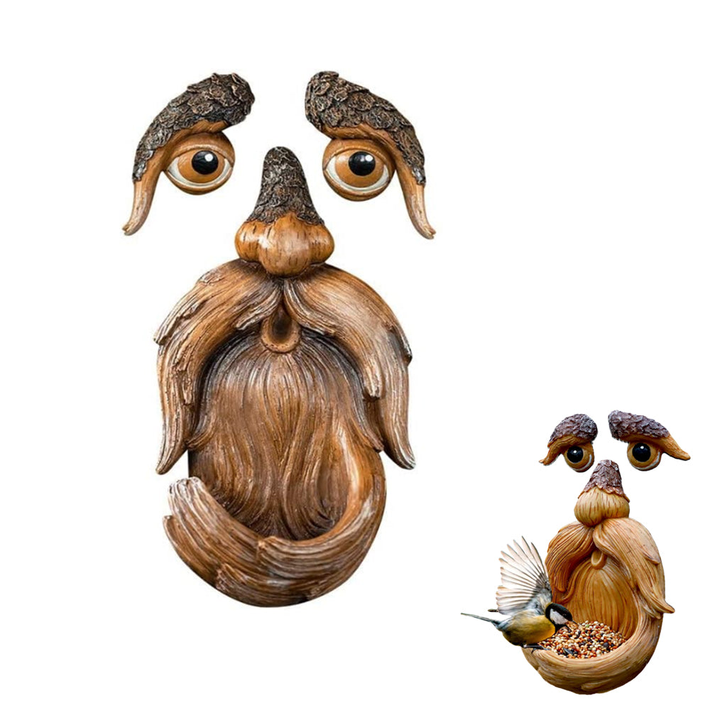Resin Bird Feeder Old Man Face Sculpture Tree Statue Outdoor Decoration