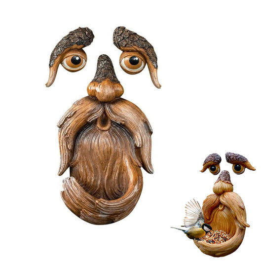 Resin Bird Feeder Old Man Face Sculpture Tree Statue Outdoor Decoration