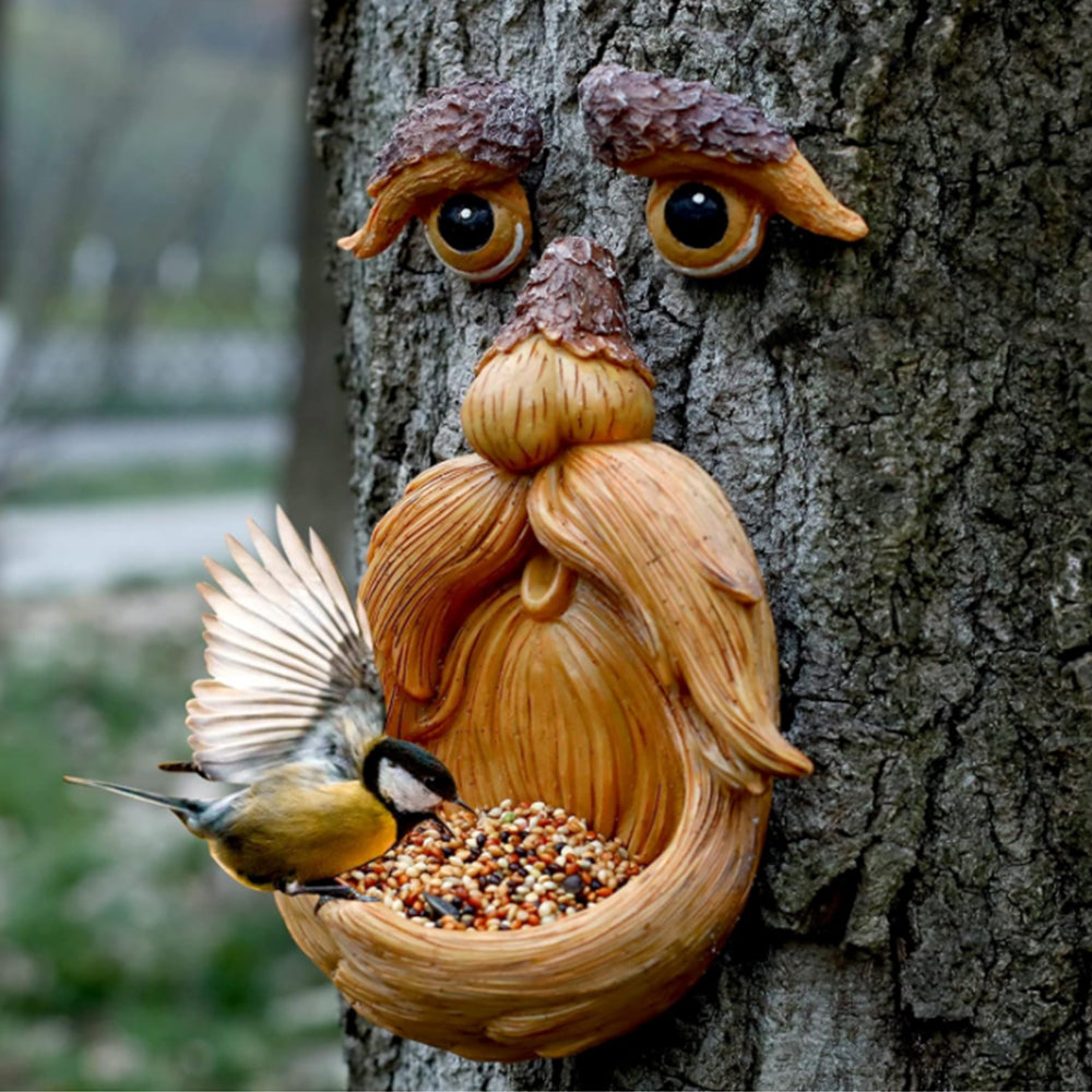 Resin Bird Feeder Old Man Face Sculpture Tree Statue Outdoor Decoration