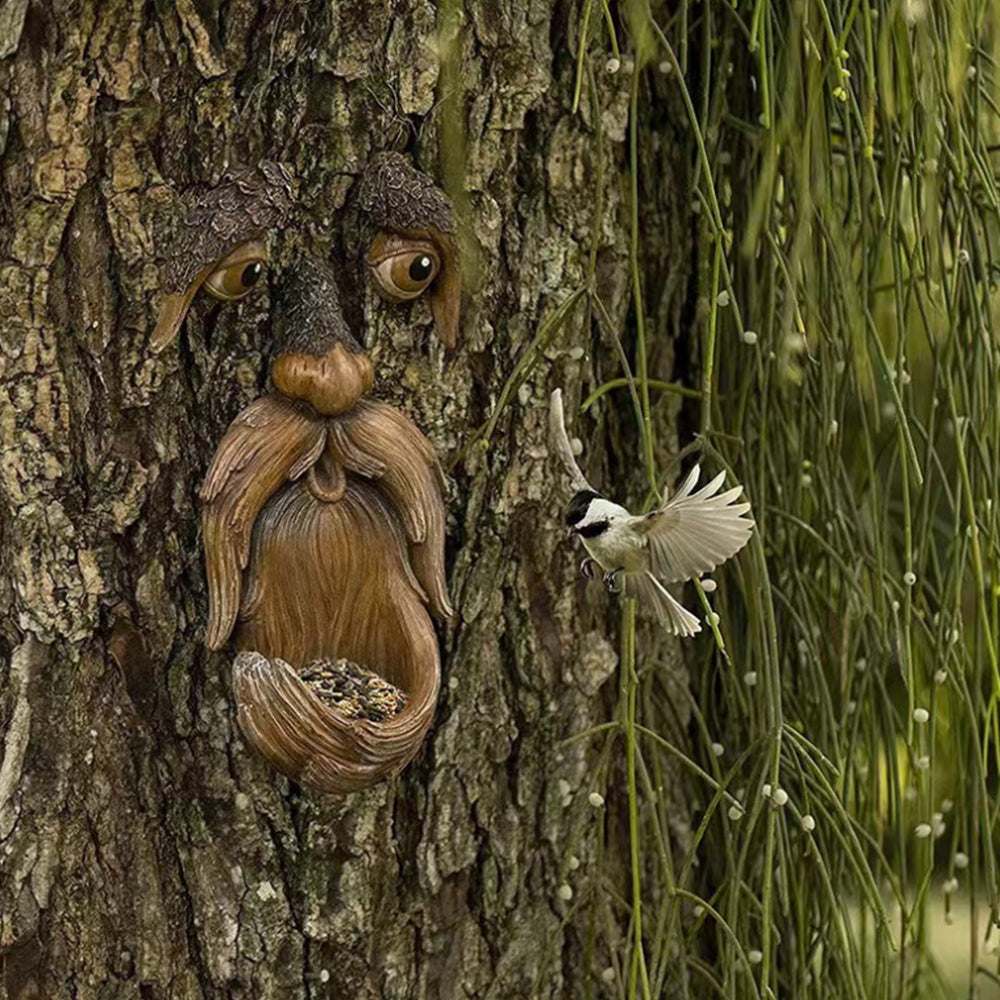 Resin Bird Feeder Old Man Face Sculpture Tree Statue Outdoor Decoration
