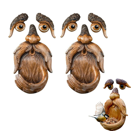 2Pcs Resin Bird Feeder Old Man Face Sculpture Tree Statue Outdoor Decoration