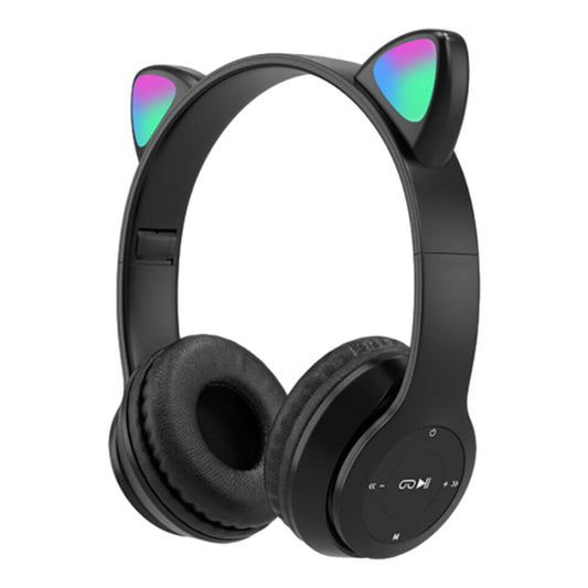 Bluetooth 5.0 Wireless Gaming Cat Ear Headset Foldable LED Kitty Headphone Black
