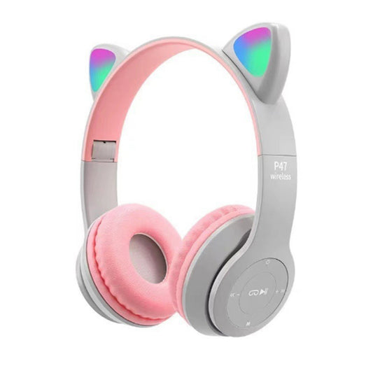 Bluetooth 5.0 Wireless Gaming Cat Ear Headset Foldable LED Kitty Headphone Grey