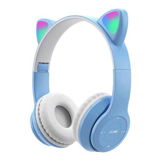 Bluetooth 5.0 Wireless Gaming Cat Ear Headset Foldable LED Kitty Headphone Blue