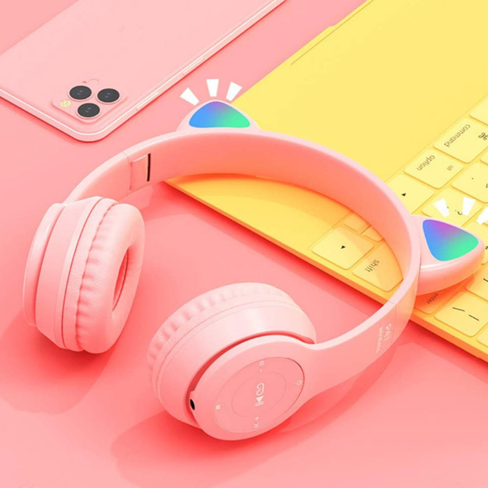 Bluetooth 5.0 Wireless Gaming Cat Ear Headset Foldable LED Kitty Headphone Pink
